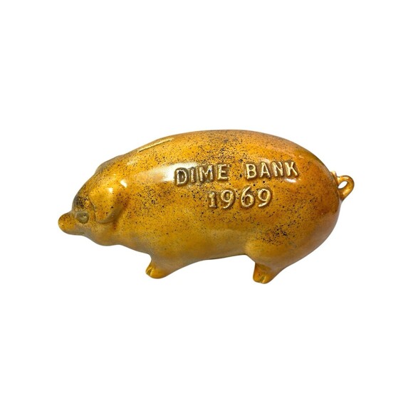Bennington Style Piggy Bank Pig Dime Bank Ceramic With Gold Speck Glaze VTG 1969 - Picture 2 of 12